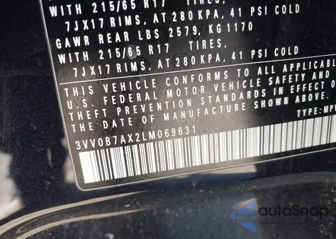 2020 Volkswagen Tiguan 2.0T S z USA, uszkodzony, nr VIN 3VV0B7AX2LM069631